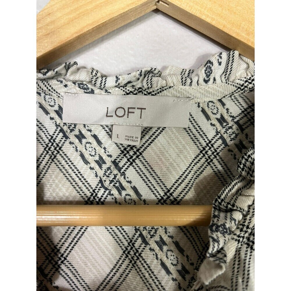 Ann Taylor Loft Plaid Blouse Top Large L Tie Neck Boho - Picture 3 of 6